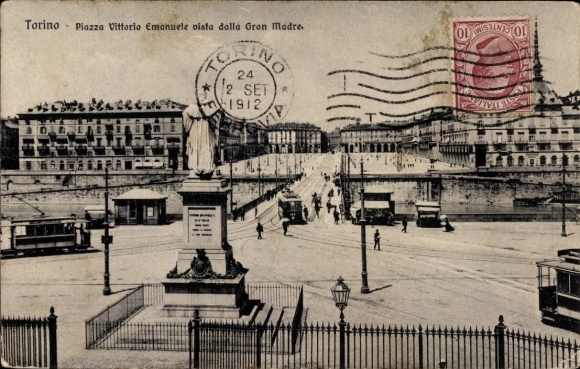 Ak Torino Turin Piemonte,  Piazza Vittorio Emanuele, Statue, Straßenbahn, historische Ansicht