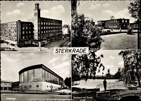 Ak Sterkrade Oberhausen Nordrhein Westfalen, Stadtmitte, Hallenbad, Bahnhof, Stadtpark m. Zeche