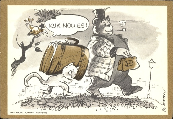 Artist Postcard Humanized bear, cat carrying his luggage
