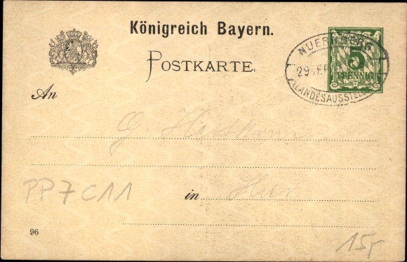 Postal stationery PC Nuremberg in Middle Franconia Bavaria, Bavarian state exhibition 1896