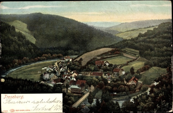 Postcard Treseburg Thale im Harz, Hotel Weisser Hirsch, panorama, river, bridge, forest