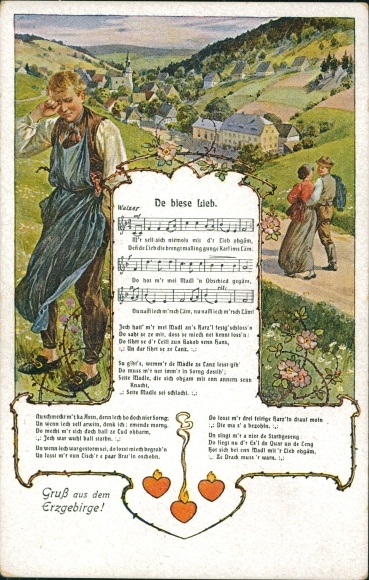 Song Postcard Vogel, Wilhelm, De biese Lieb, Erzgebirge, lovers, crying man