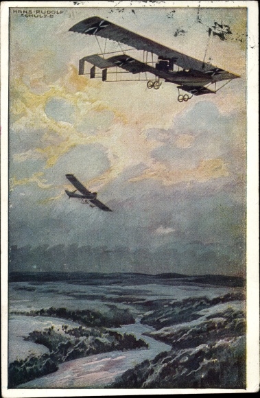 Artist PC Schulze, Hans Rudolf, military biplane on a reconnaissance trip over the Argonne Forest
