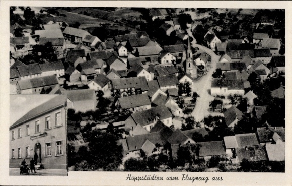 Postcard Hoppstädten Weiersbach in the Nahe valley, aerial photograph, Gasthaus Theodor Emrich