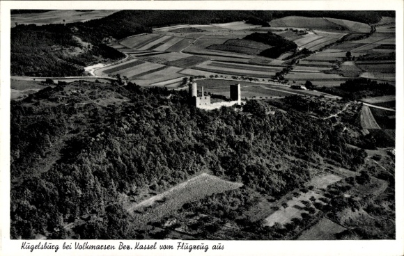 Postcard Volkmarsen in Hesse, aerial photograph, Kugelsburg ruins, rural surroundings, landscape