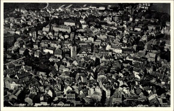 Postcard Gießen on the Lahn Hesse, aerial photograph of many roofs, city view, 1937