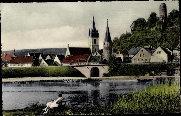 Postcard Gemünden am Main Lower Franconia, partial view, bridge, church