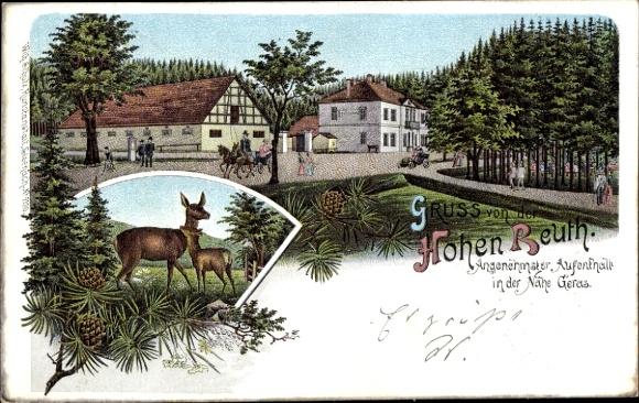 Chromo-Litho Bocka in Thuringia, Gasthaus Hohe Reuth, deer