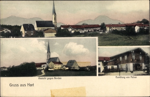 PC Hart Chieming in Upper Bavaria, plot by Felner, view of the town, church