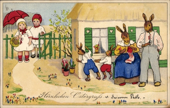 Artist Postcard Döring, L., Happy Easter, Easter Bunny Family, Visit, Children