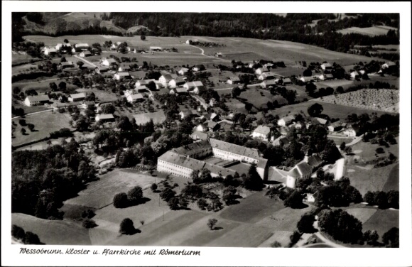 Postcard Wessobrunn in Upper Bavaria, monastery and parish church with Roman tower, aerial photograph