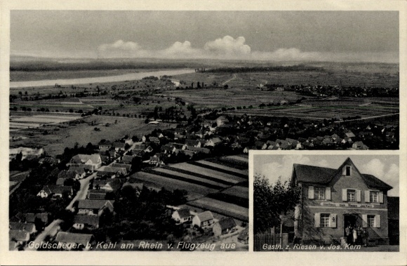 Postcard Goldscheuer Kehl am Rhein, aerial photograph, Gasth. z. Riesen