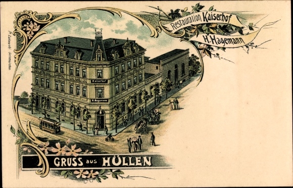 Chromo-Litho covers Gelsenkirchen in the Ruhr area, restoration Kaiserhof, tram