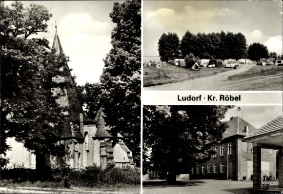 Postcard Ludorf an der Müritz Mecklenburg, village church, campsite, community council, restaurant