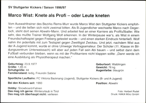 Karta autografu piłkarza Marco Wista, SV Stuttgarter Kickers, autograf