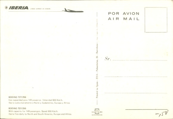 Postcard Spanish passenger aircraft, Iberia, Boeing 727 256