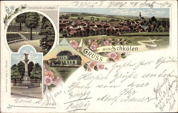 Chromo-Litho Schkölen in Thuringia, total view of the village, train station, war memorial