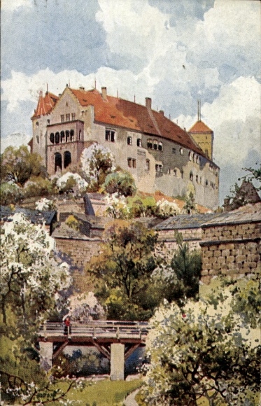 Künstler Ak Schmidt, Franz, Nürnberg, Partie an der Burg, Spaziergängerin im Garten
