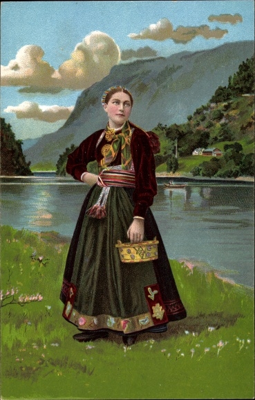Postcard Woman in Danish Folk Costume, Basket, River