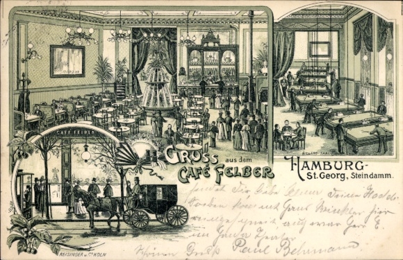 Chromo-Litho Hamburg Mitte St. Georg, Cafe Felber, Steindamm, interior view, billiards, carriage