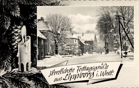 Ak Lippborg Lippetal in Westfalen, Straße, Tannenbaum, Kerze, Tannenzapfen