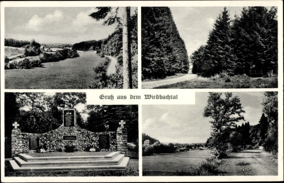 Postcard Wied im Westerwald, Gasthof Pension Bräuer, memorial, forest path