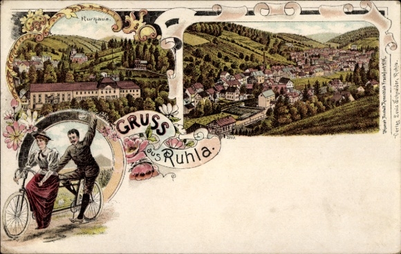 Litho Ruhla in Thüringen, Kurhaus, Panorama, Paar auf einem Tandem