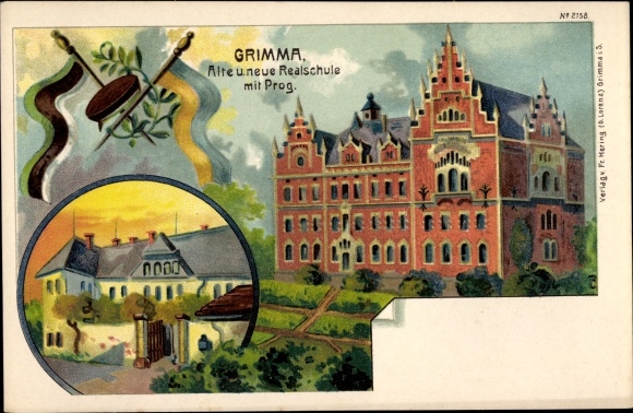 Chromo-Litho Grimma in Saxony, old and new secondary school with prog., no. 2158