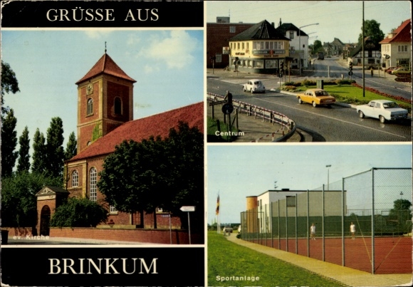 Postcard Brinkum near Bremen Stuhr in Lower Saxony, GREETINGS FROM, Church, Center, Sports Facility, City View