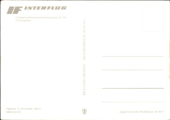 Postcard German passenger aircraft Tupolew TU-134, Interflug, turbine jet airliner