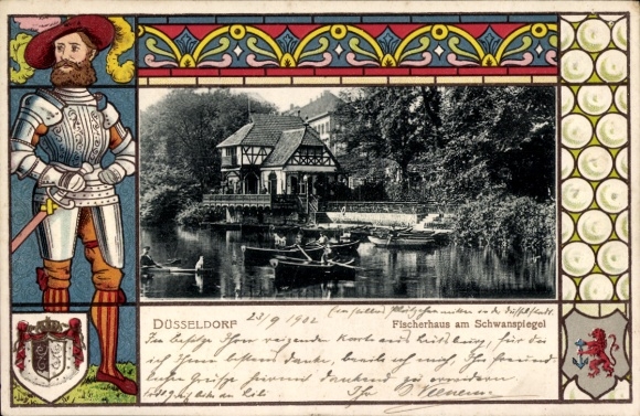 Embossed Coat of Arms Passepartout Postcard Düsseldorf, Fischerhaus am Schwanspiegel