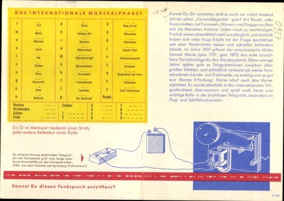 Timetable VOX coffee tea cocoa, Morse alphabet and Morse apparatus around 1960
