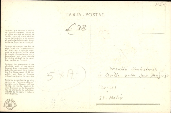 Maps Postcard History Spain, Attempted Coup d'Etat August 10, 1932