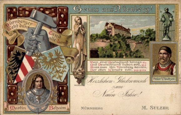 Coat of arms lithograph Nuremberg in Middle Franconia, Martin Behaim, Peter Vischer