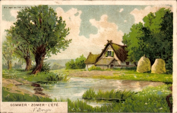 Hold to Light Artist Chromo-Litho Summer, riverside with country house