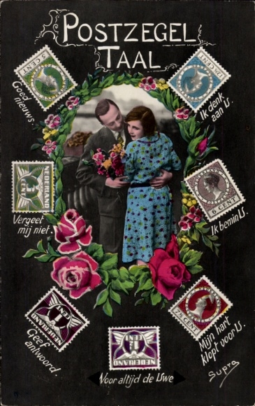 Passepartout Ak Briefmarkensprache, Liebespaar, Rosen