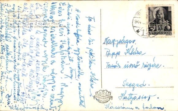 Postcard Budapest Hungary, equestrian statue, view of the city, river in the background, clouds