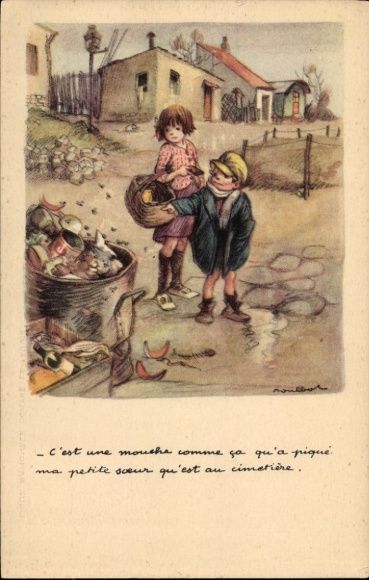 Artist Postcard Poulbot, Francisque, children, garbage can, flies