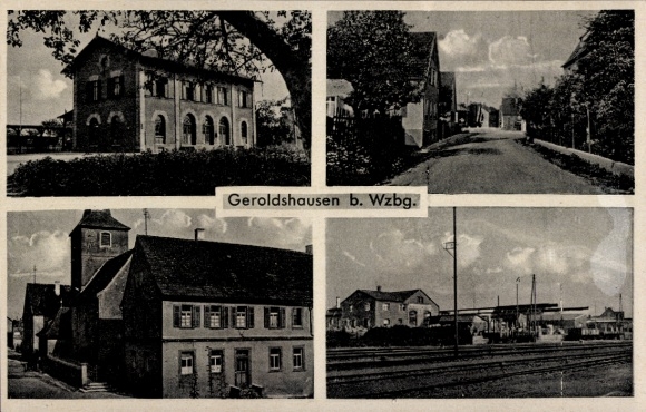 Postcard Geroldshausen Lower Franconia, train station track side, town views