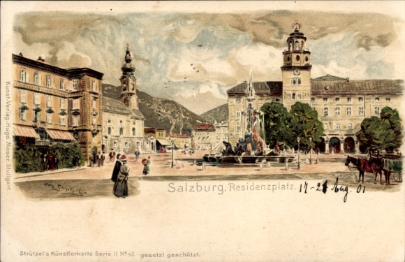 Artist Chromo-Litho Strützel, Otto, Salzburg City Austria, Residenzplatz