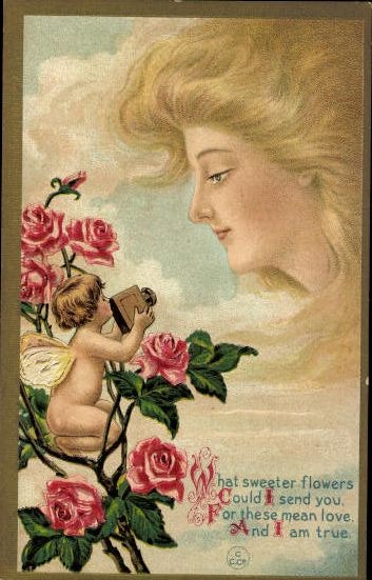 Complete series 12 embossed PCs Young woman, long hair, butterfly, angel