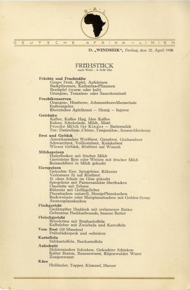 Menu card, steamer Windhoek, April 22, 1938, breakfast