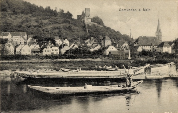 Postcard Gemünden am Main Lower Franconia, city view of Gemünden, river, boats, castle ruins, church tower