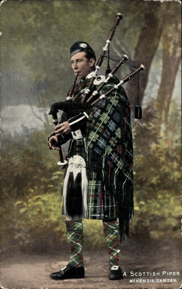 Postcard Scots in costume, McKenzie tartan, bagpipes
