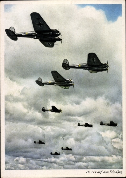 Postcard Heinkel He 111 squadron on the enemy flight, Luftwaffe