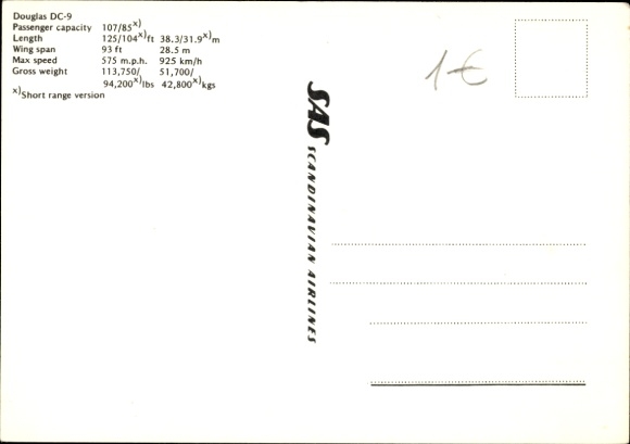 Postcard Douglas DC 9, passenger aircraft in flight, Scandinavian Airlines, SAS