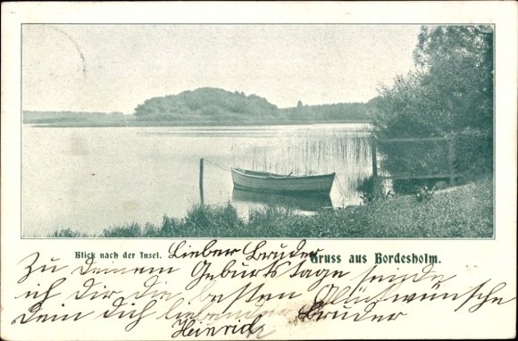 Ak Bordesholm in Holstein, Blick auf einen See, Boot, Ufervegetation, Text auf der 