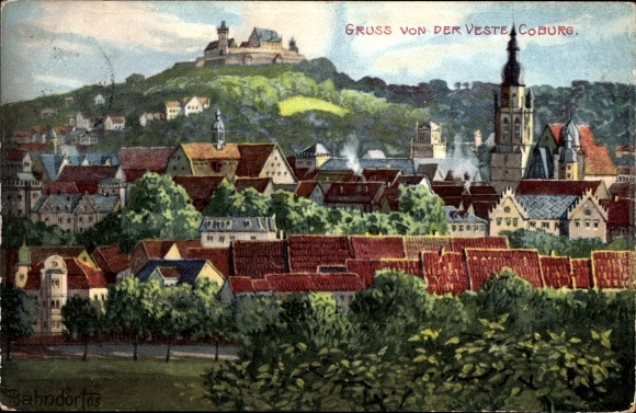 Kunstenaarsbriefkaart Bahndorf, Heribert, Coburg, fort, klokkentoren, uitzicht op de stad, daken
