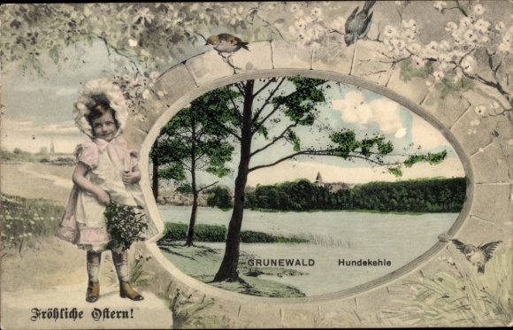 Passepartout Ak Berlin Wilmersdorf Grunewald, Hundekehle, Fröhliche Ostern, Mädchen