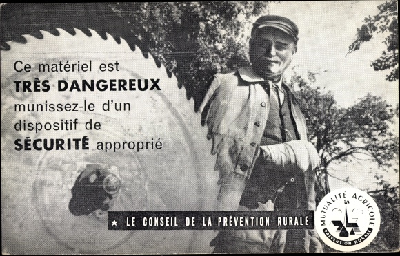 Postcard Le Conseil de la Prevention Rurale, Mutualite Agricole, wounded man, occupational safety